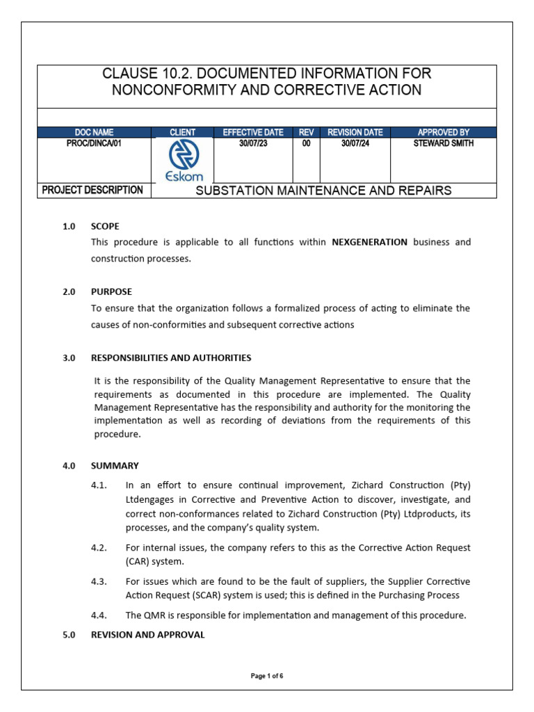 A6 Documented Information For Non-Conformity and Corrective Action ...