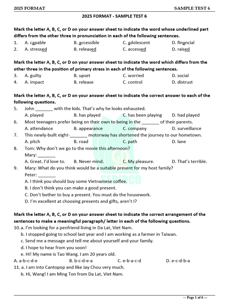 Practice Test 6 (2025 Format) | PDF | Behavioural Sciences