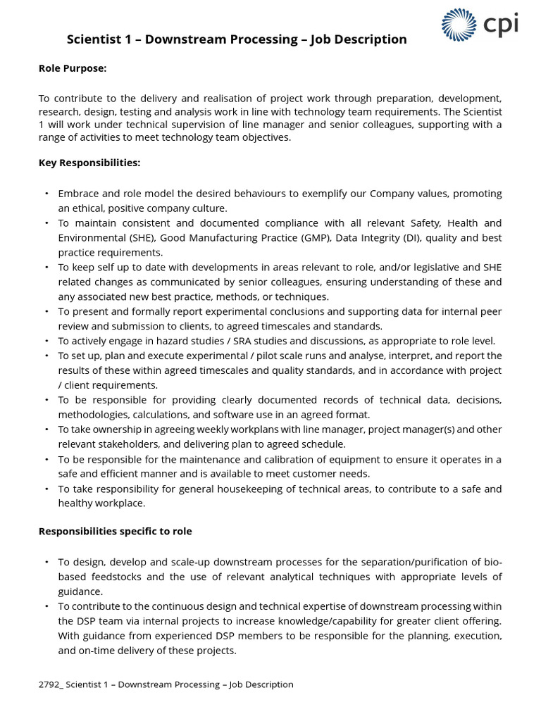 2792 - Scientist 1 - Downstream Processing - Job Description - January ...