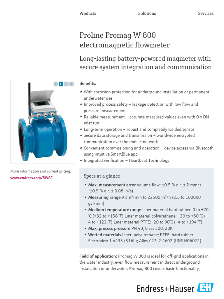Proline Promag W 800 Flowmeter Overview | PDF | Flow Measurement