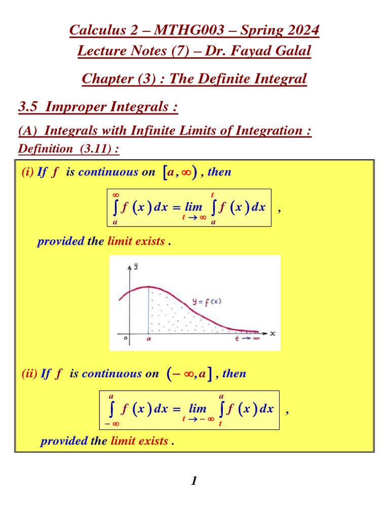 Improper Integrals in Calculus 2 Notes | PDF | Integral | Limit ...