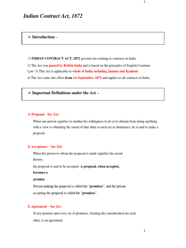 Overview of Indian Contract Act 1872 | PDF | Offer And Acceptance ...