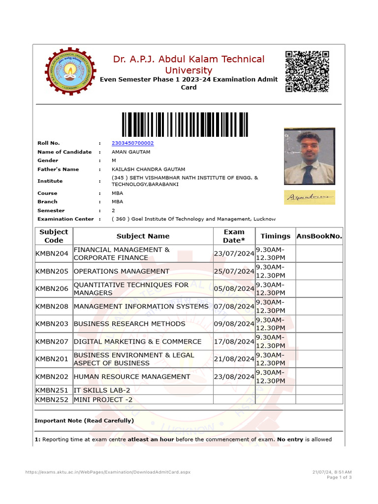 Admit Card Pdf