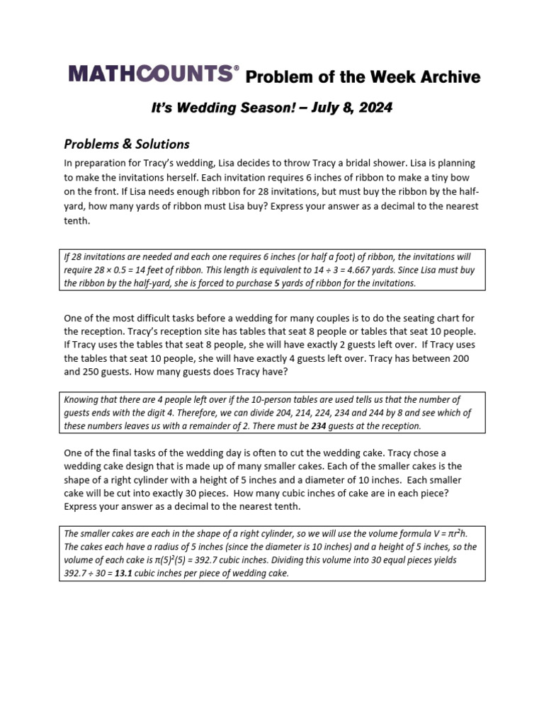 Wedding Planning Math Problems | PDF | Volume | Inch