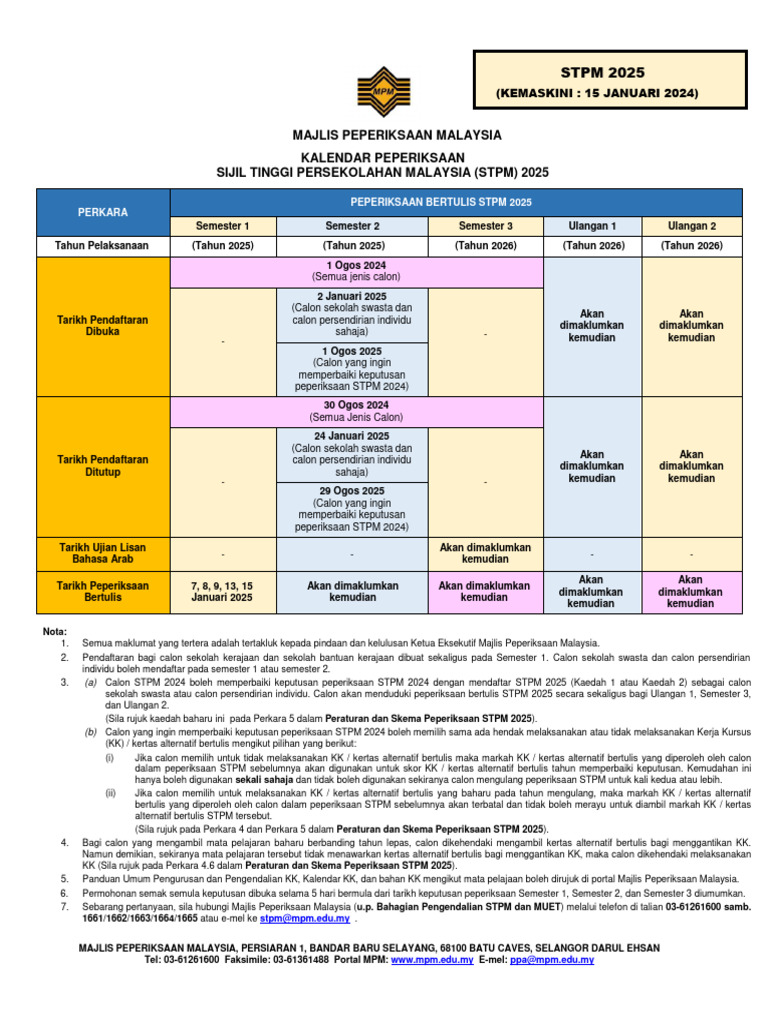 Kalendar STPM2025-edisi 15 Januari 2024 | PDF