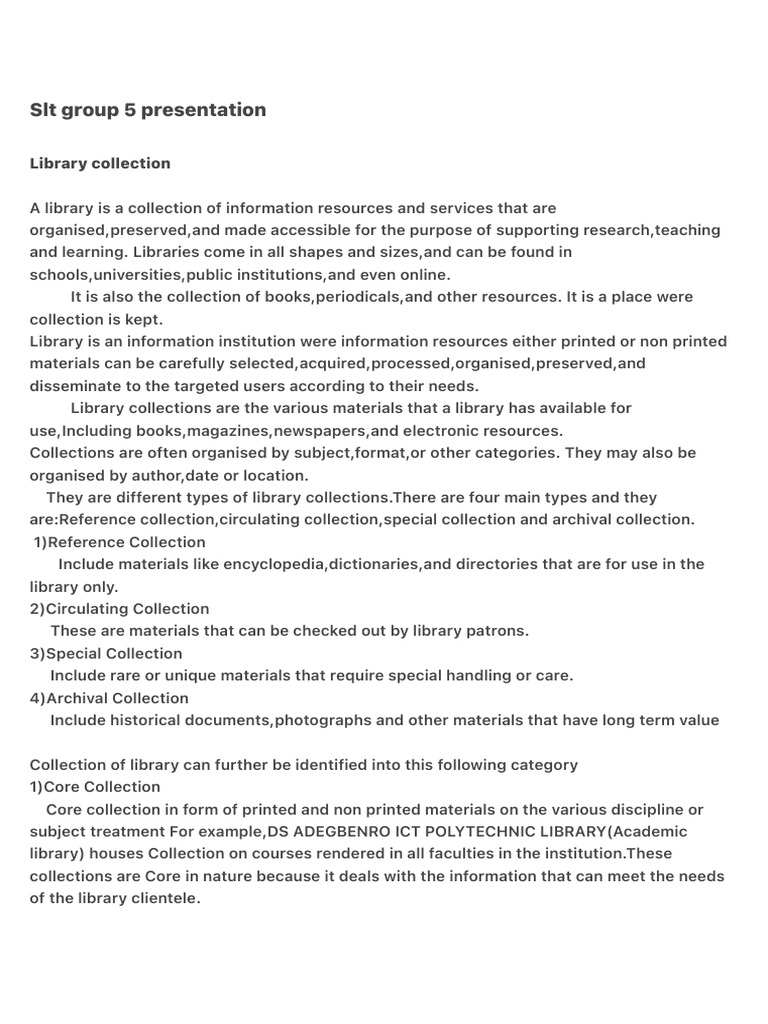 SLT Group 5 Presentation | PDF | Libraries | Information Science