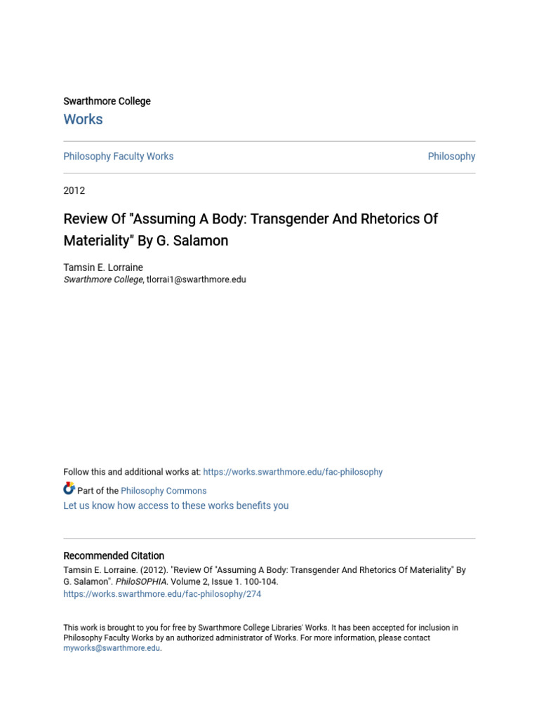 Review of Assuming A Body - Transgender and Rhetorics of Material | PDF ...