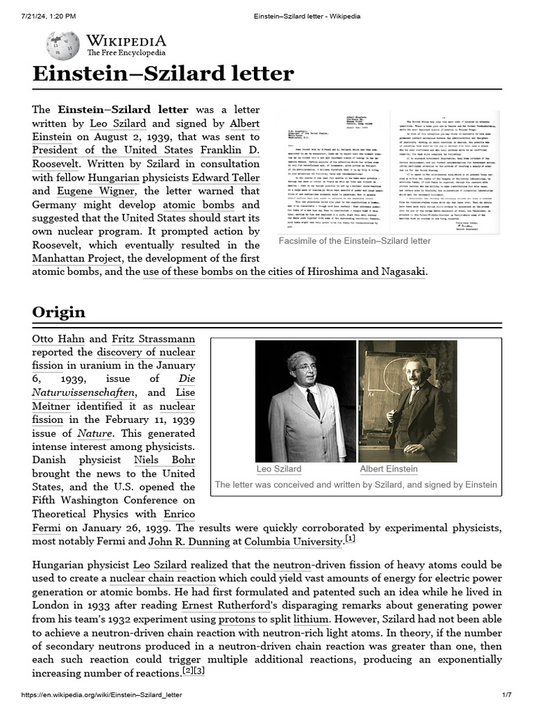 Einstein-Szilard Letter Overview | PDF | Nuclear Energy | Nuclear Physics