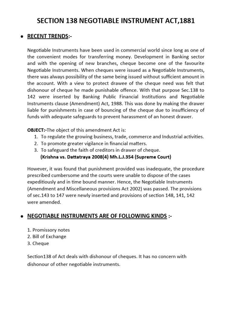 Section 138 NI Act: Procedure Overview | PDF | Cheque | Negotiable ...