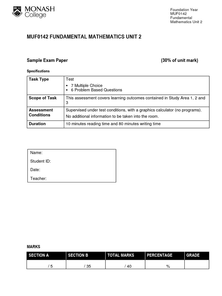 Fundamental Mathematics Unit 2 Exam Paper | PDF | Multiple Choice | Tests