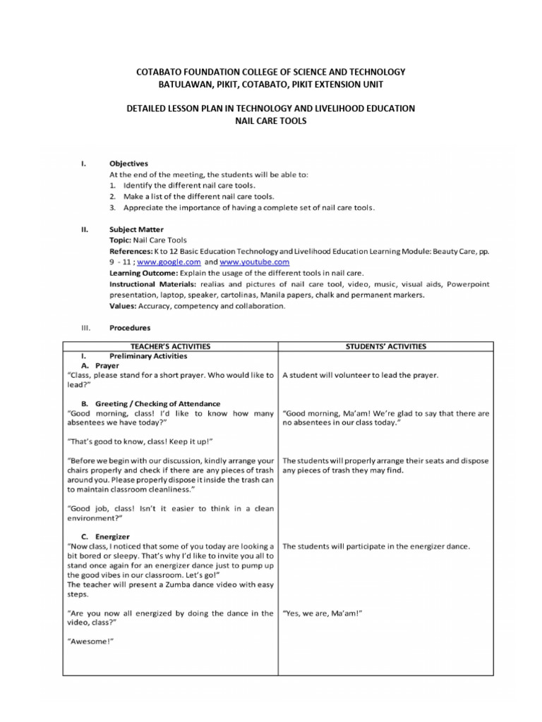 Nail Care Tools Lesson Plan | PDF