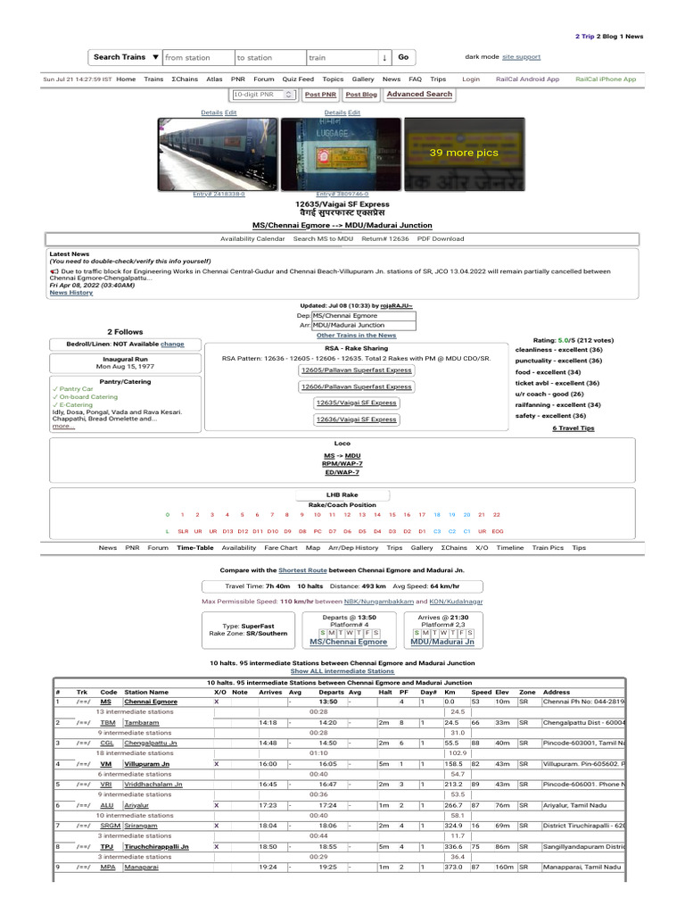 Yu12635 - Vaigai SF Express - Chennai Egmore To Madurai SR - Southern Zone  - Railway Enquiry | PDF | Rail Transport | Rolling Stock