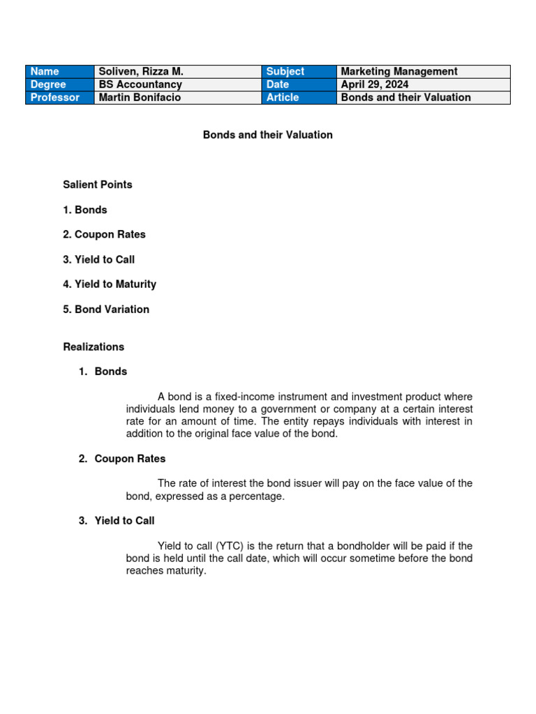 Soliven, Rizza M. - Marginal Notes On Bonds and Evaluation | PDF ...