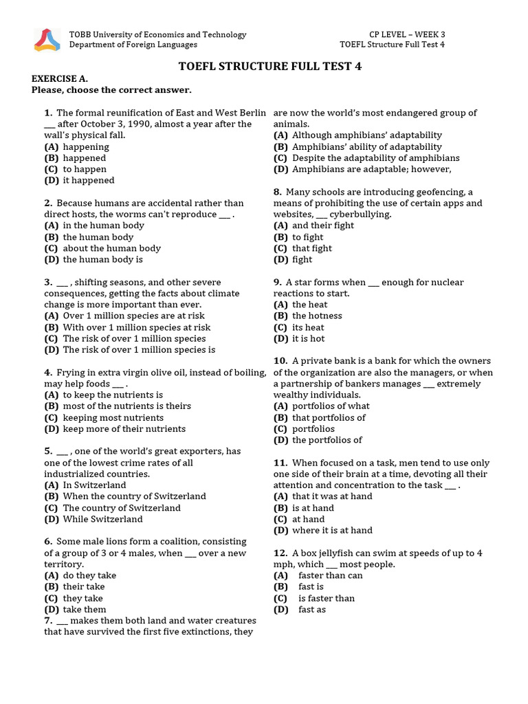 Toefl Structure Test 4 Exercises Pdf Asia