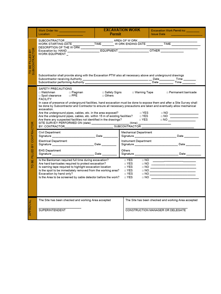 Excavation Work Permit Template | PDF | Safety