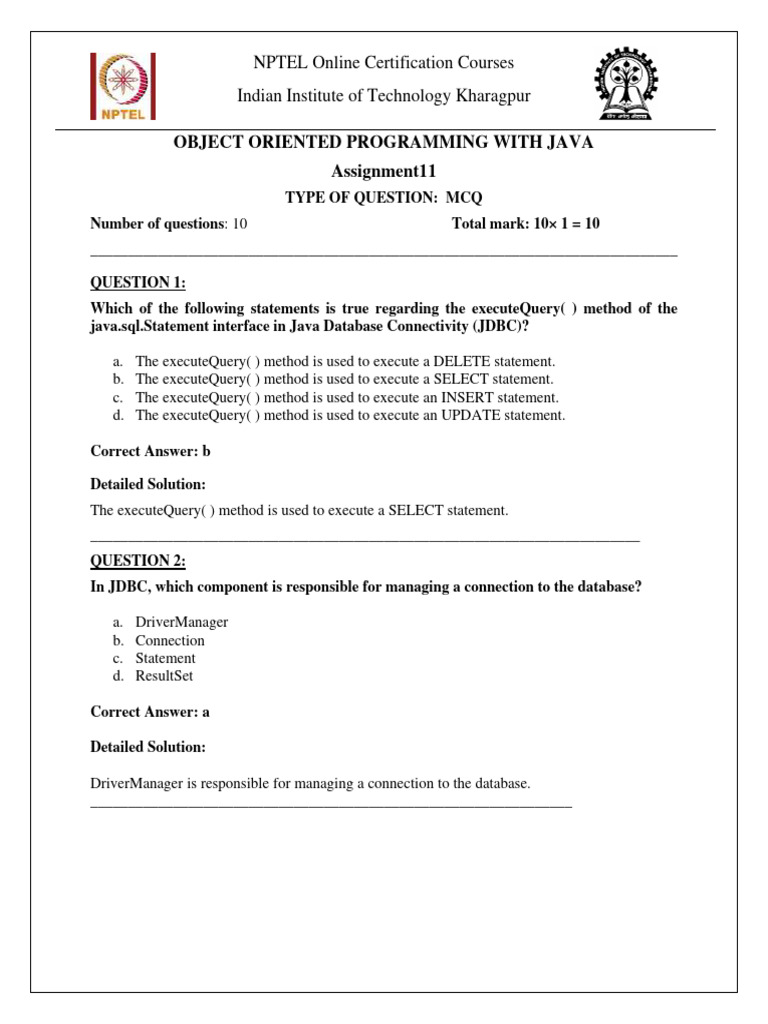 Java JDBC MCQ Assignment 11 | PDF | Software | Information Technology
