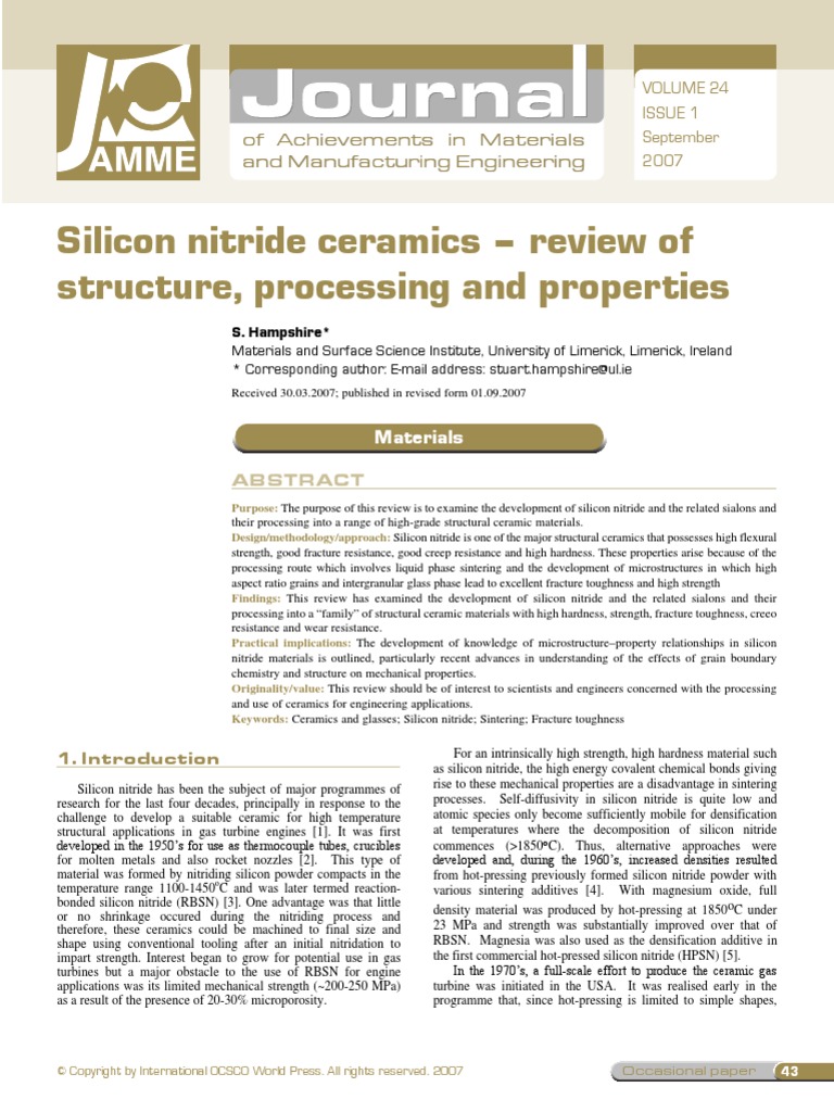 Silicon Nitride Ceramics - Review of Structure, Processing and ...