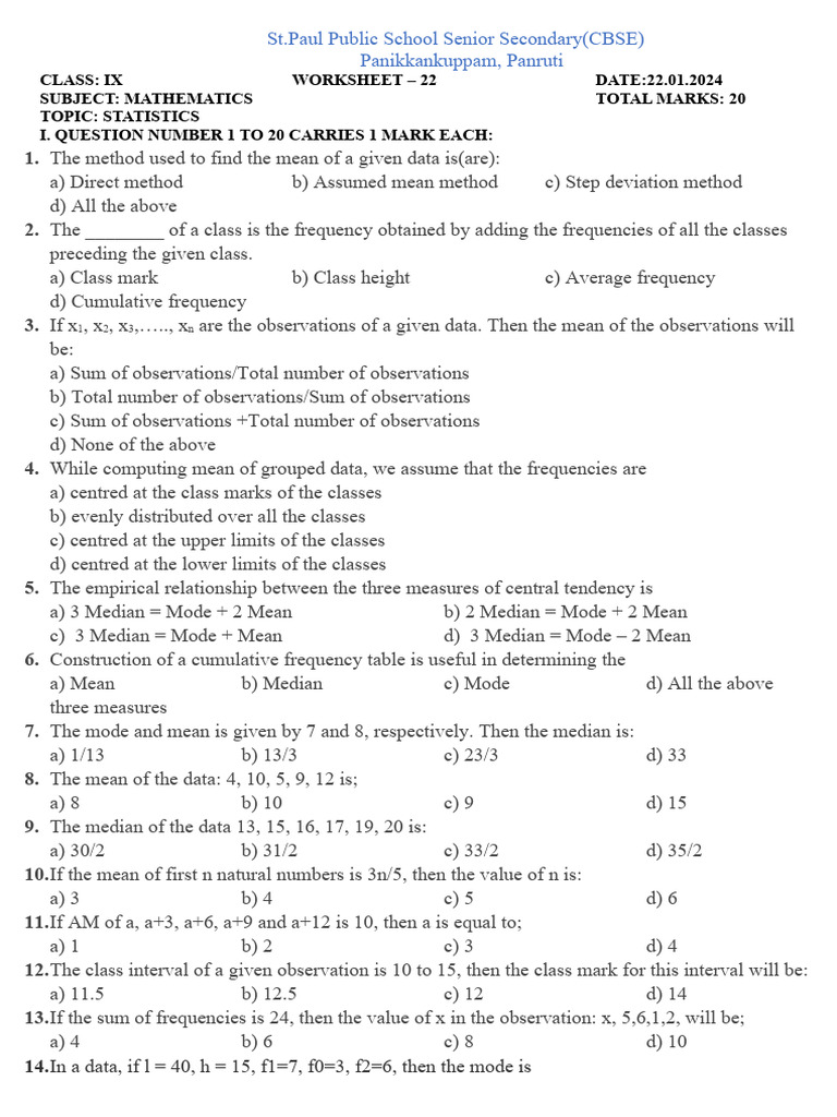 Class 9 Statistics Worksheet | PDF | Mean | Mode (Statistics)