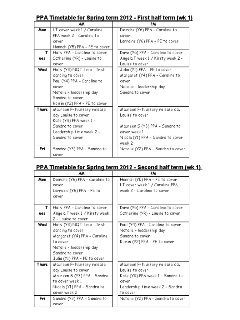 PPA Timetable For Spring Term 2012 | PDF