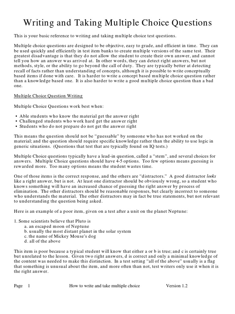 Writing and Taking Multiple Choice Questions | PDF | Career & Growth ...