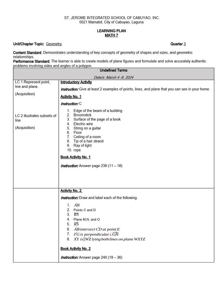 Geometry Learning Plan for Math 7 | PDF | Geometry | Shape