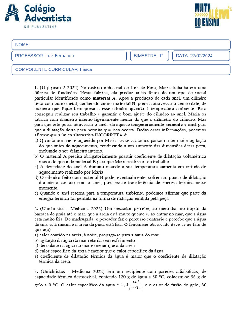 Lista 1 de Física | PDF | Calor | Expansão térmica