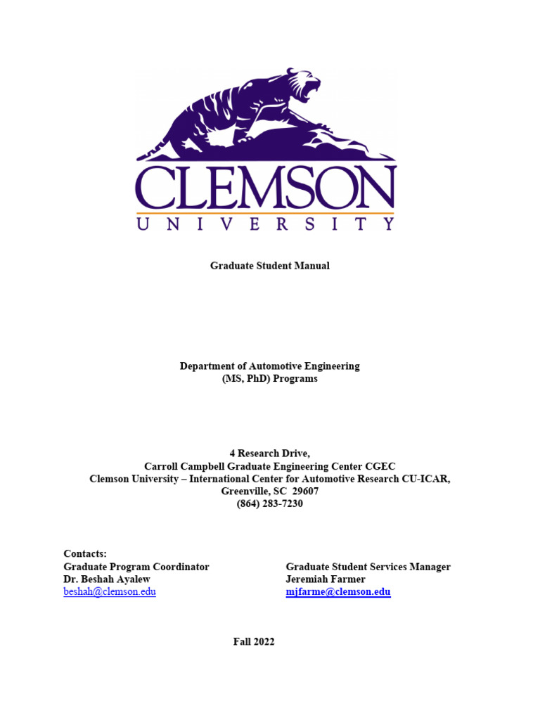 Graduate Student Manual Clemson University, Automotive Department | PDF ...