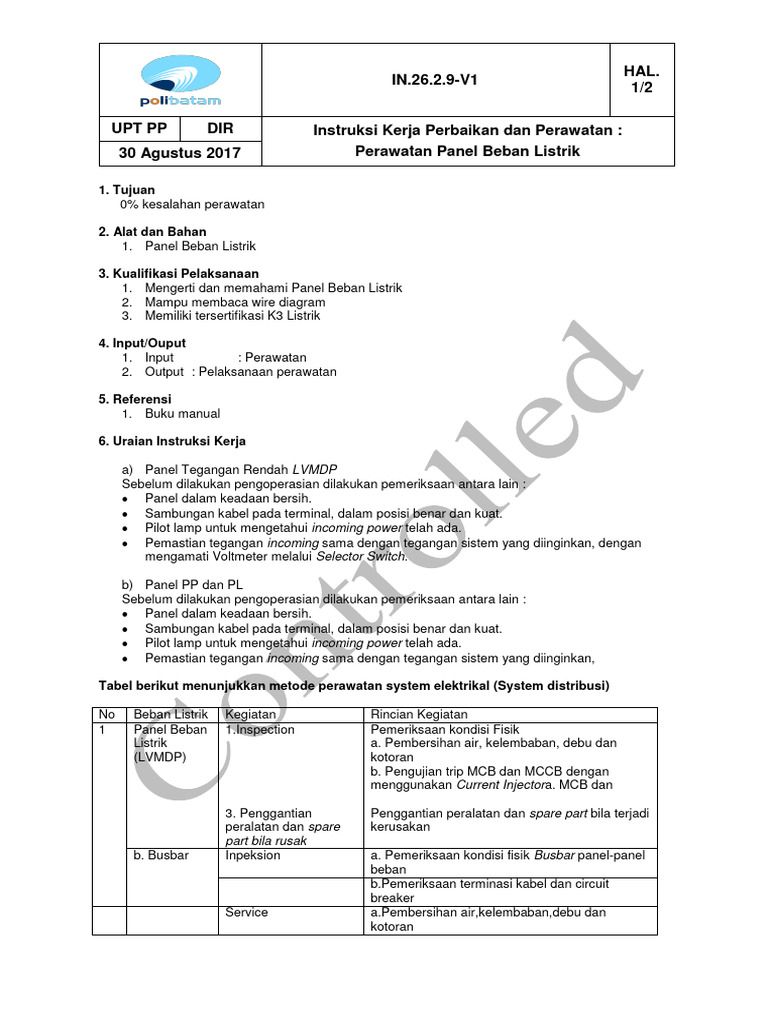 IN.26.2.9-V1 Instruksi Kerja Perbaikan Dan Perawatan - Perawatan Panel ...