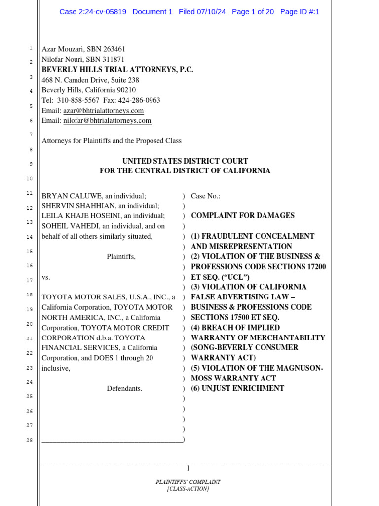 Toyota Mirai Class Action Complaint | PDF | Class Action | Common Law