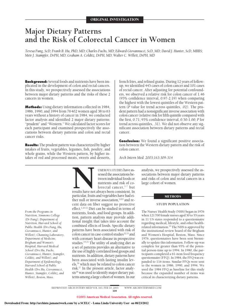 Major Dietary Patterns and The Risk of Colorectal Cancer | PDF ...