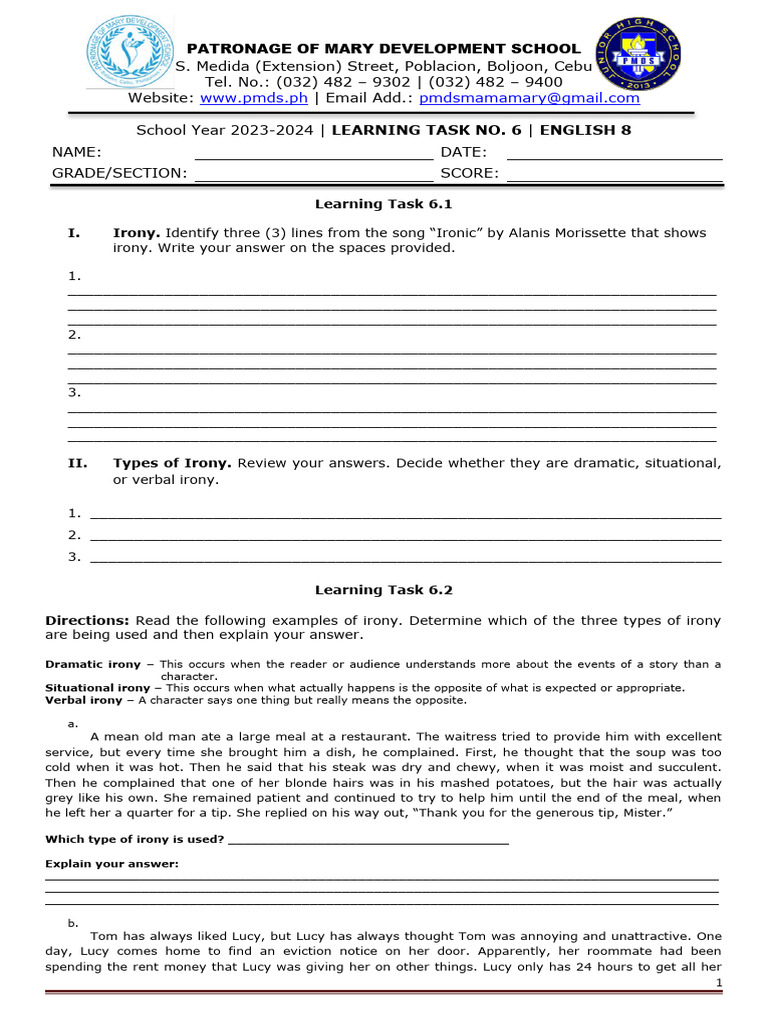 Learning Task 6 - English 8 | PDF | Irony