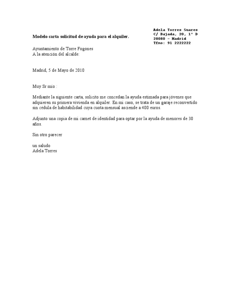 Modelo Carta Solicitud de Ayuda Para El Alquiler