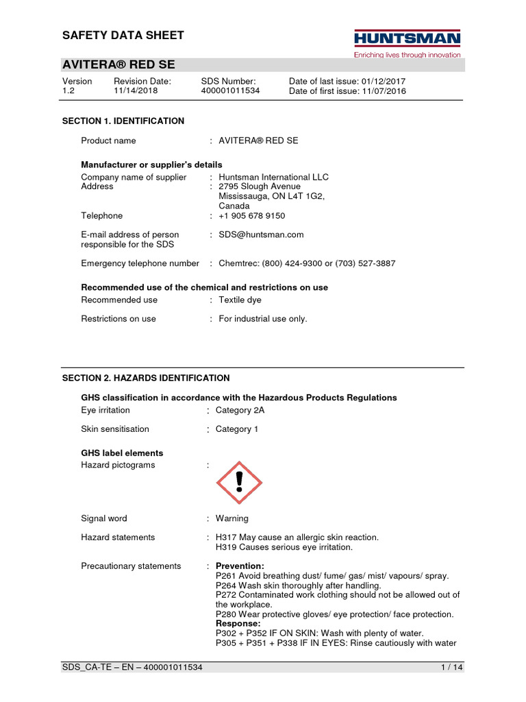 Avitera® Red Se: Safety Data Sheet | PDF | Toxicity | Firefighting