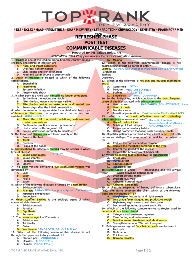 Communicable Diseases Post Test Review | PDF | Adaptive Immune System ...