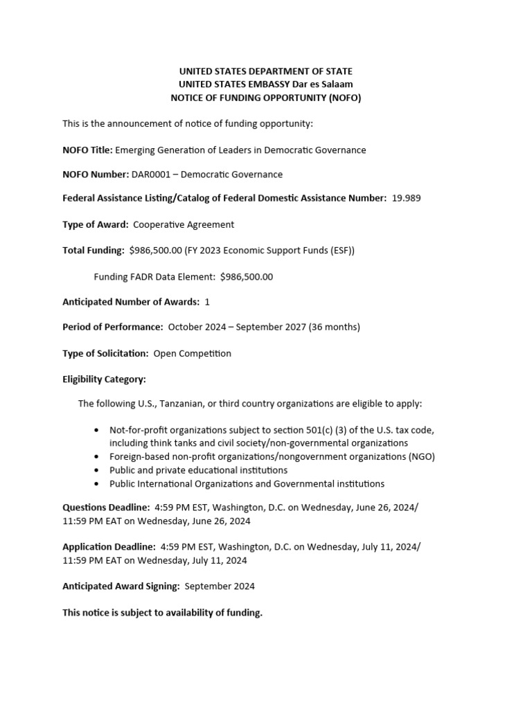 NOFO - Embassy Dar Democratic Governance Program | PDF | Governance ...