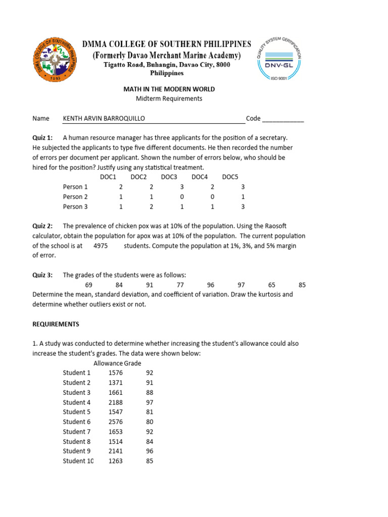 Midterm Requirement MMW | PDF | Statistics | Data Analysis