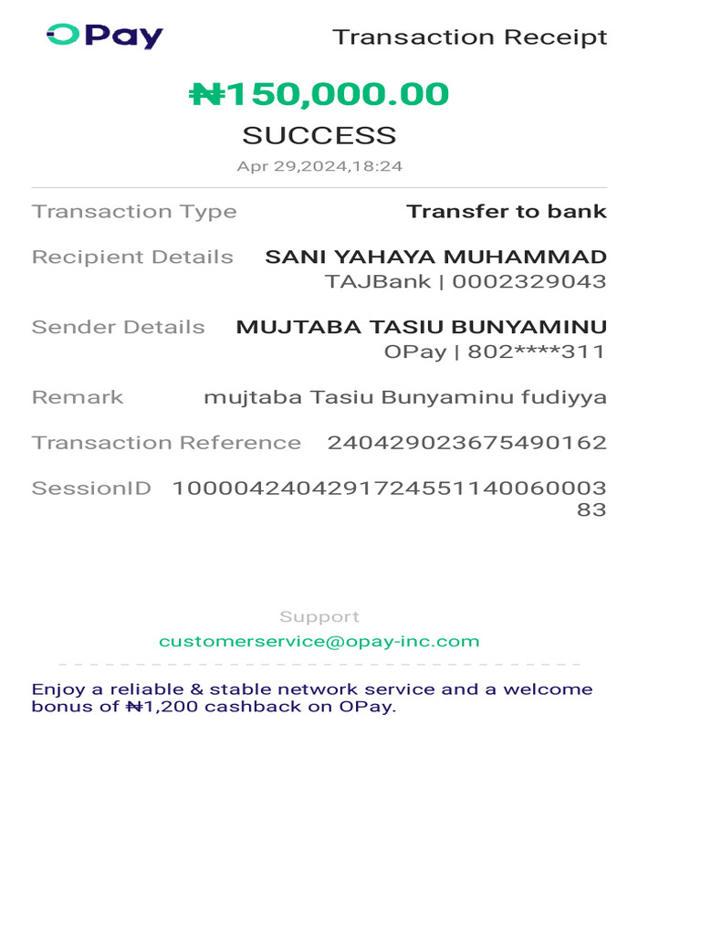 Transaction Receipt for OPay Transfer | PDF