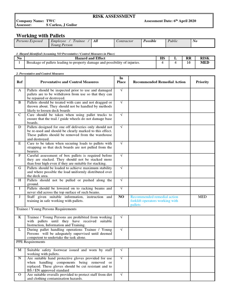 Pallet Safety Risk Assessment Guide | PDF | Personal Protective ...