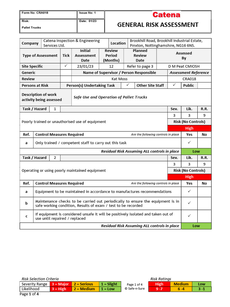 CRA018-Pallet-Truck-Issue-1 | Download Free PDF | Risk | Risk Assessment