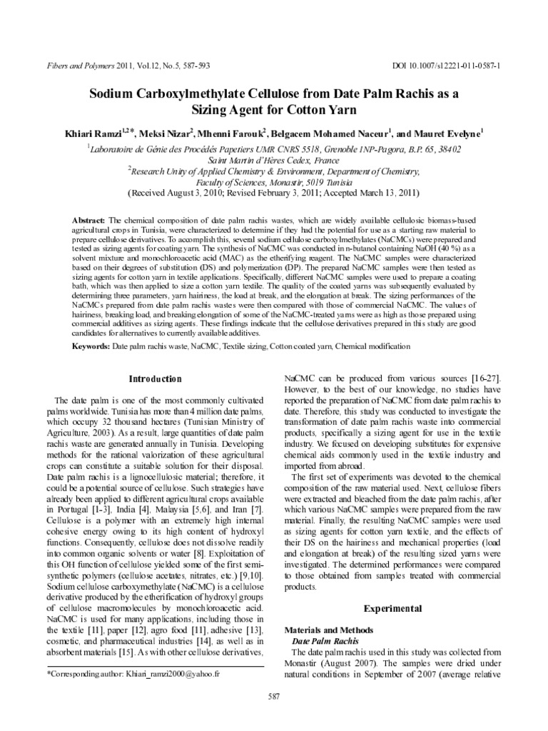 Sodium carboxylmethylate cellulose from date palm rachis as a sizing