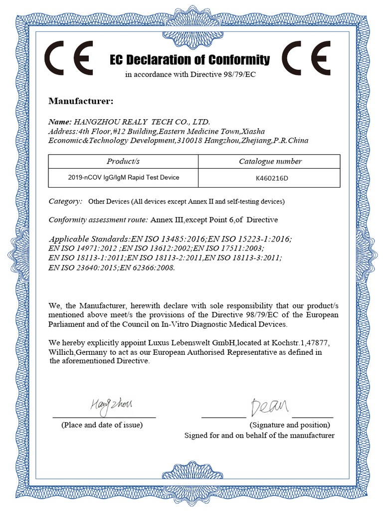 EC Declaration of Conformity for 2019-nCOV Test | PDF | Finance & Money ...