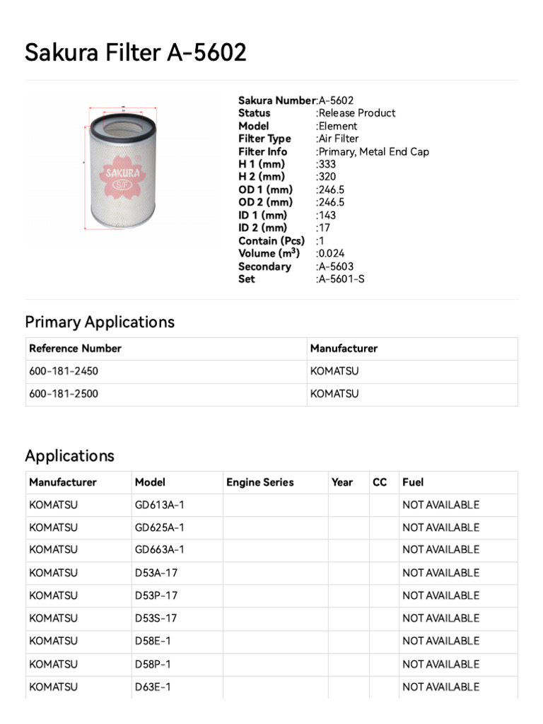 Sakura Filter A-5602 | PDF | Diesel Engine | Engines