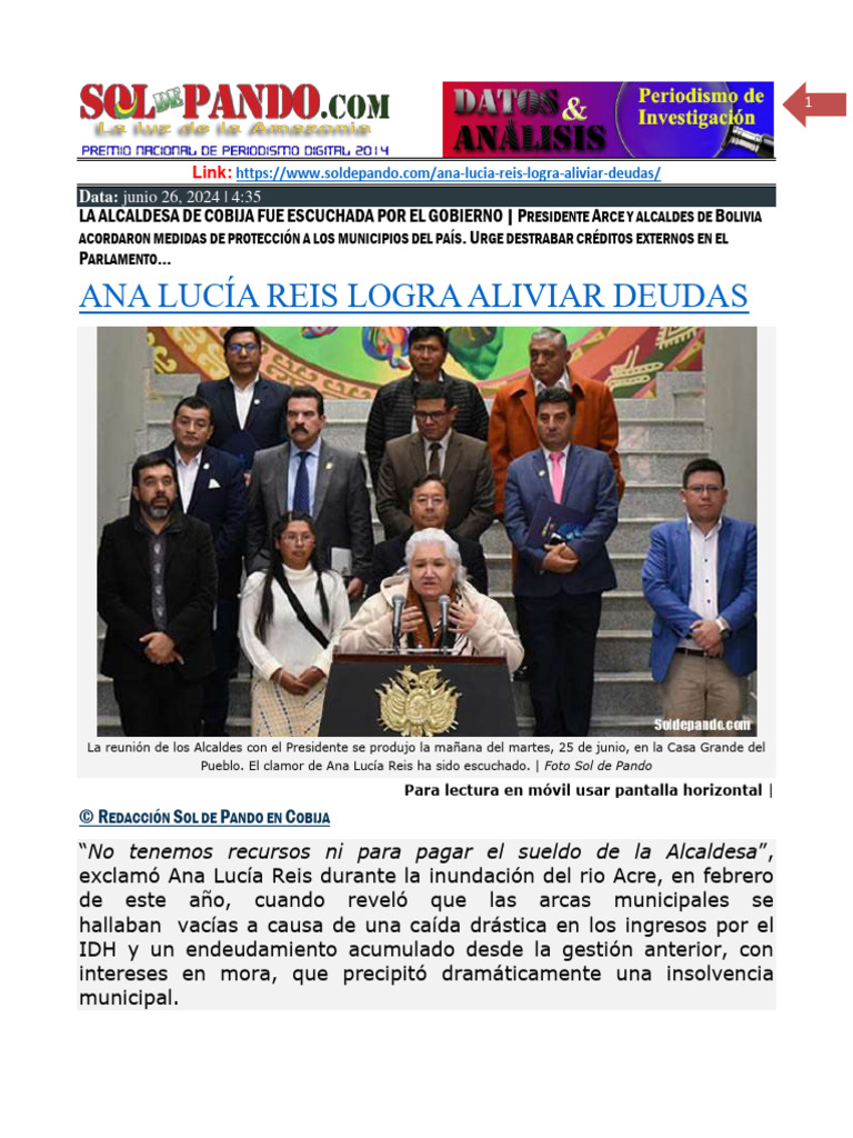 Alcaldesa Reis Logra Alivio Financiero | PDF | Alcalde | Bolivia