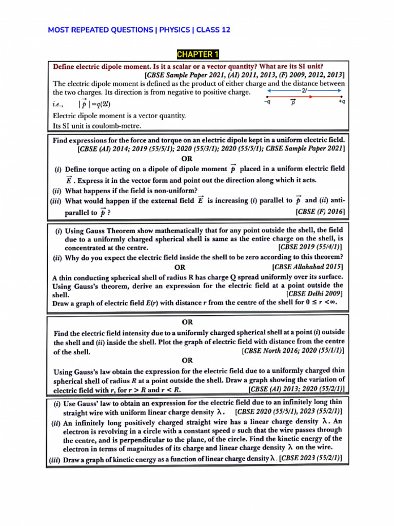 Cbse (Most Repeated Questions - Physics - Class 12) | PDF