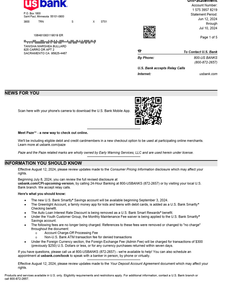 2024-07-10 Statement - USB Checking 8219 | PDF | Credit Card | Cheque
