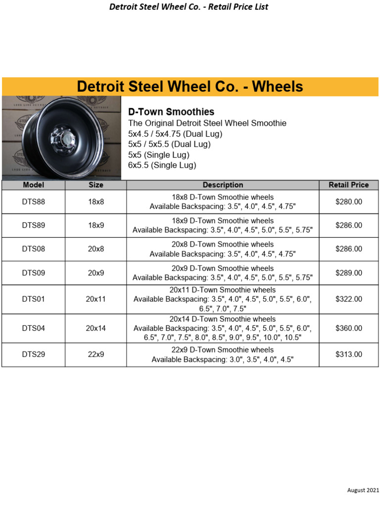 Detroit Steel Wheels Price List