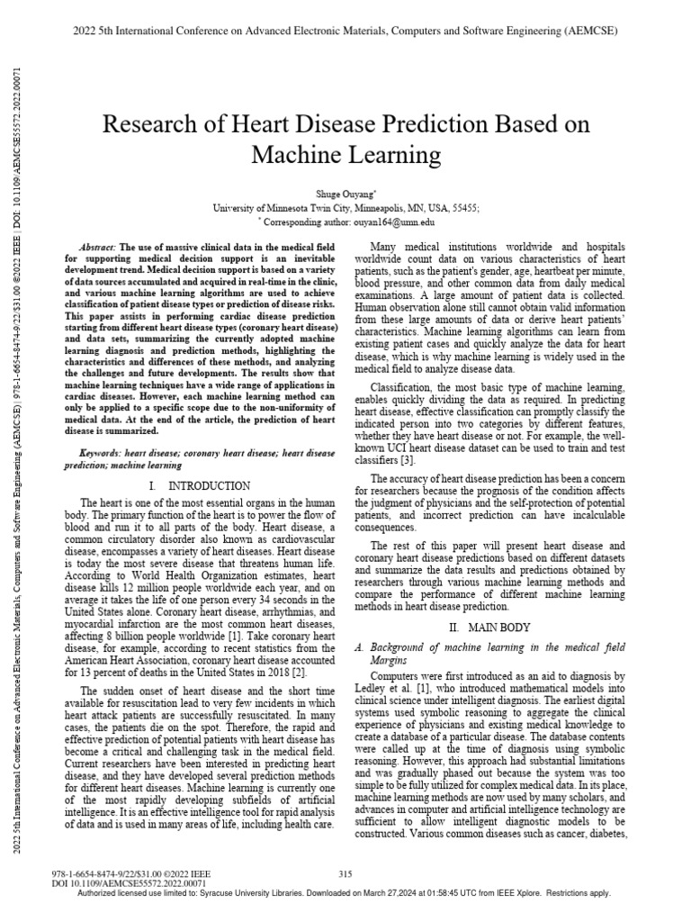 Research of Heart Disease Prediction Based On Machine Learning | PDF ...