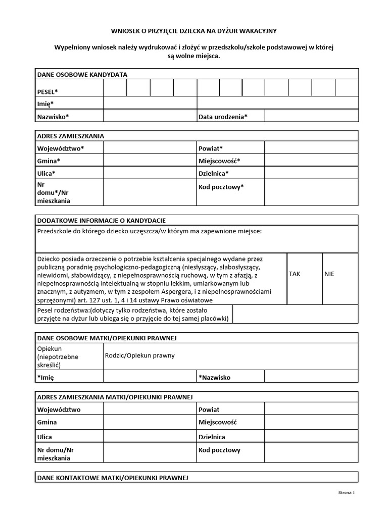 Wniosek O Przyjecie Na Dyzur Wakacyjny Rekrutacja Uzupelniajaca PDF