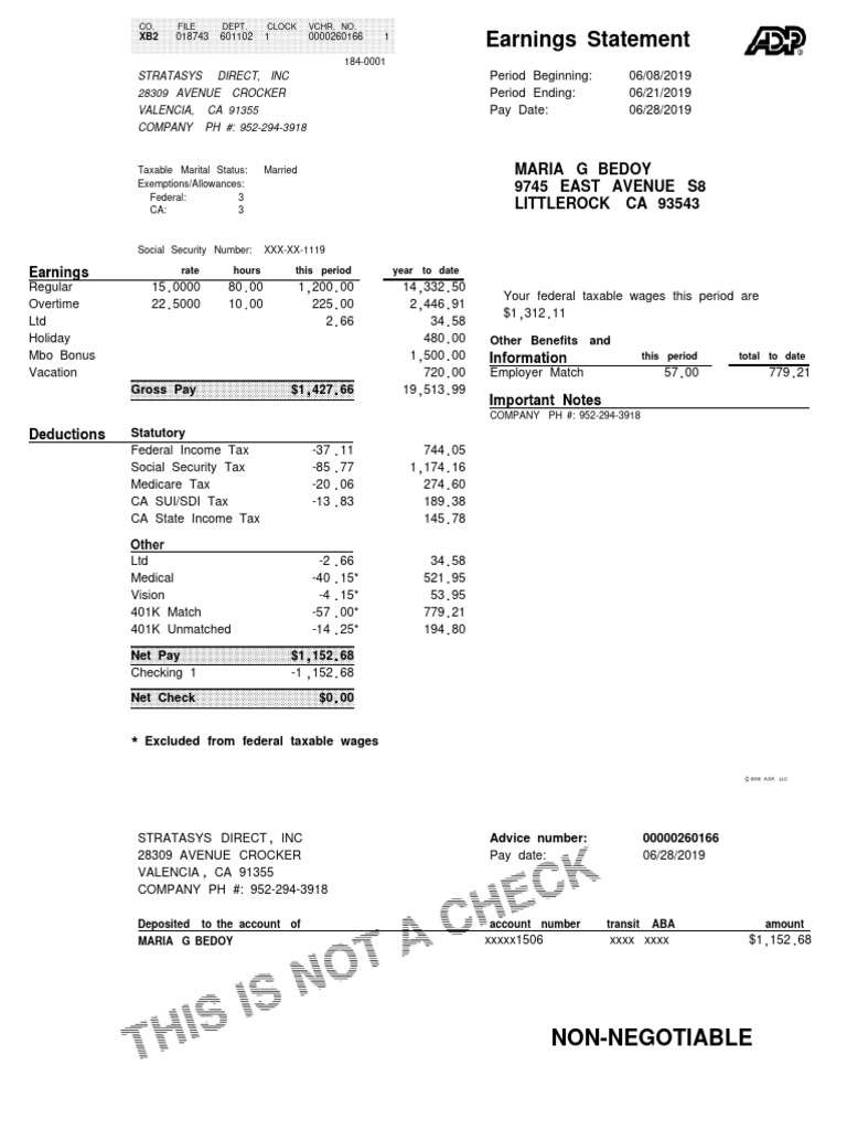 ADP Pay Stub Example for Maria Bedoy | PDF | 401(K) | Social Security ...
