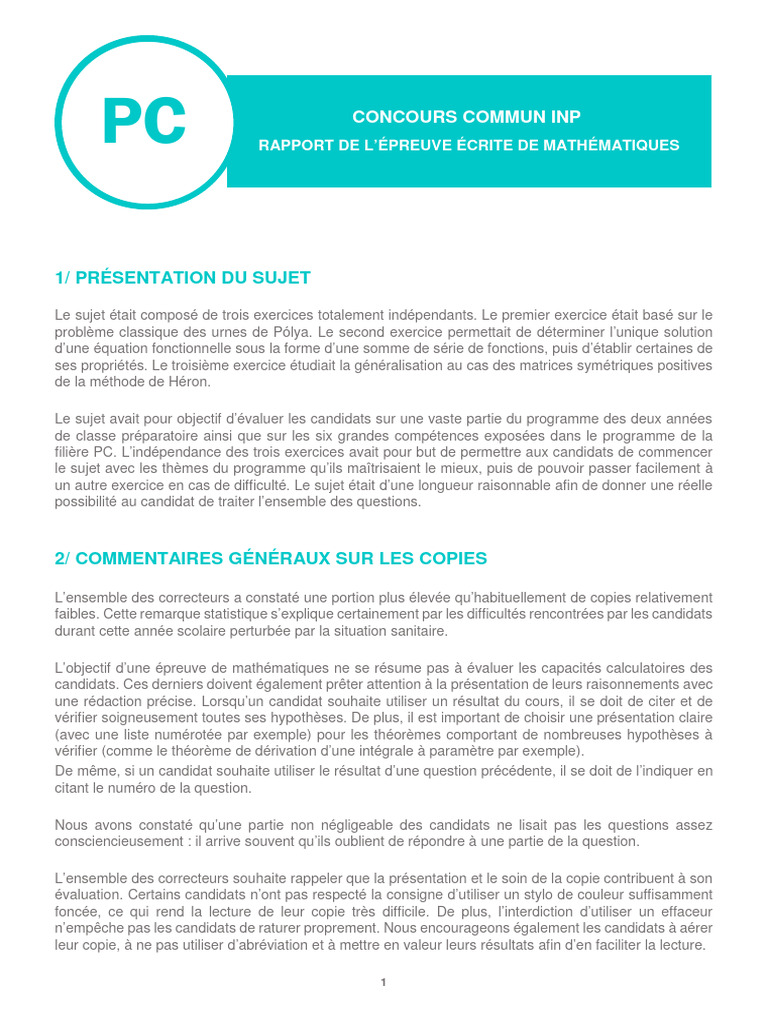 Rapport sur l'épreuve de mathématiques PC | PDF | Mathématiques ...